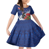 New Zealand Christmas In July Family Matching Off Shoulder Short Dress and Hawaiian Shirt Fiordland Penguin With Pohutukawa Flower LT14 Daughter's Dress Blue - Polynesian Pride