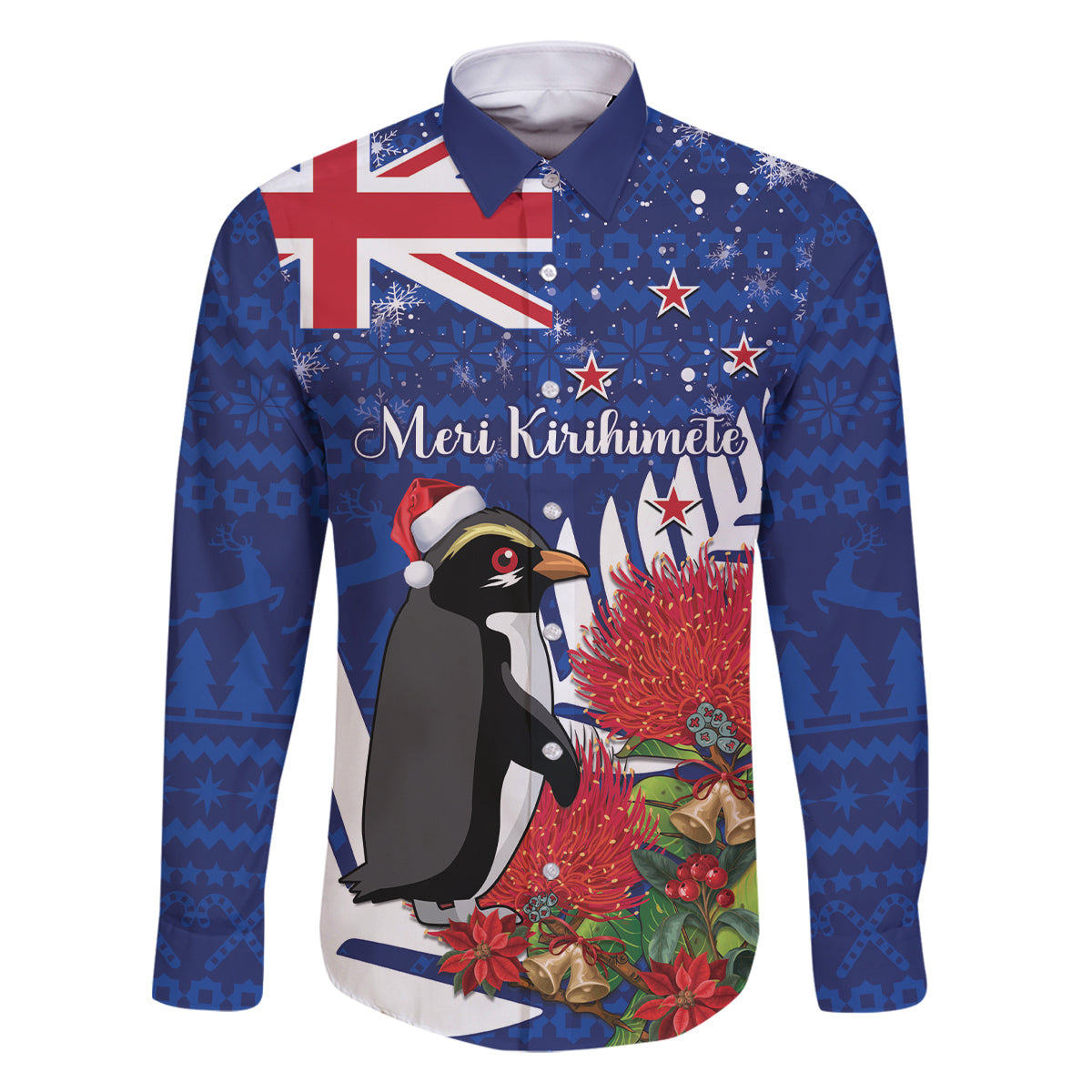 New Zealand Christmas In July Family Matching Off Shoulder Short Dress and Hawaiian Shirt Fiordland Penguin With Pohutukawa Flower LT14 Dad's Shirt - Long Sleeve Blue - Polynesian Pride