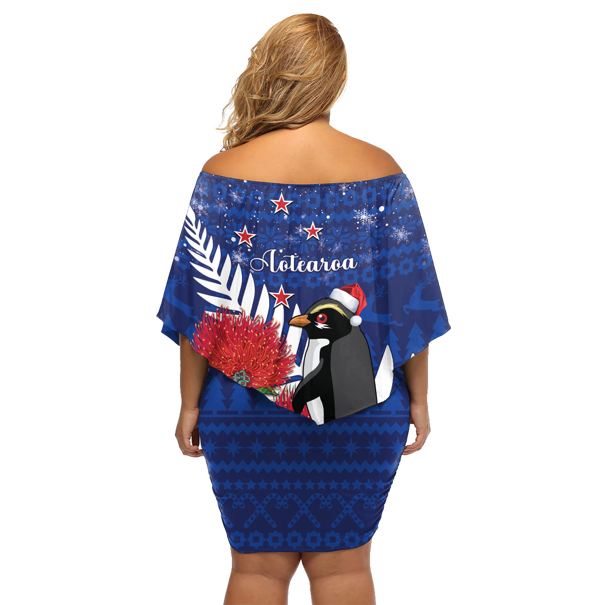 New Zealand Christmas In July Family Matching Off Shoulder Short Dress and Hawaiian Shirt Fiordland Penguin With Pohutukawa Flower LT14 - Polynesian Pride