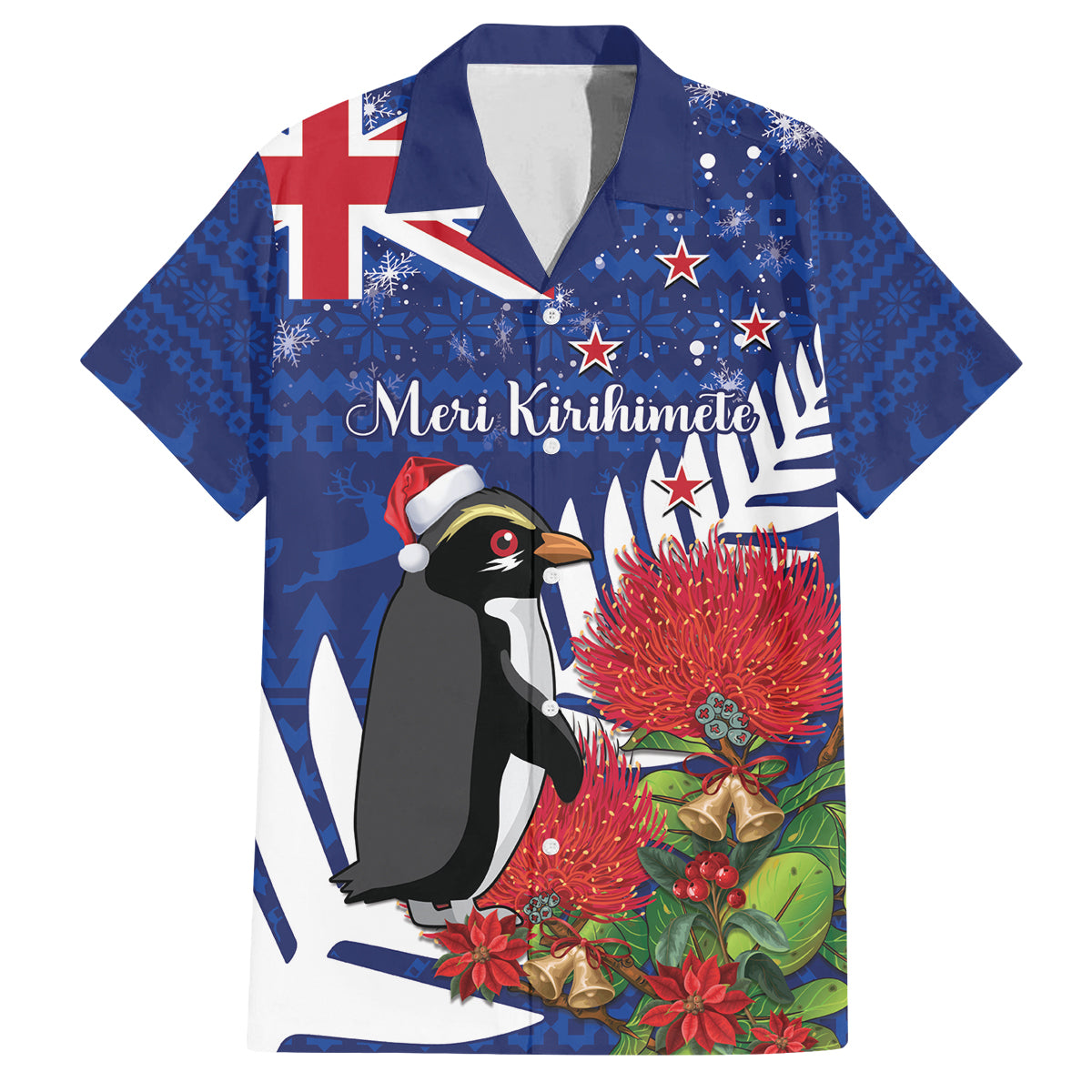 New Zealand Christmas In July Family Matching Summer Maxi Dress and Hawaiian Shirt Fiordland Penguin With Pohutukawa Flower LT14 Dad's Shirt - Short Sleeve Blue - Polynesian Pride