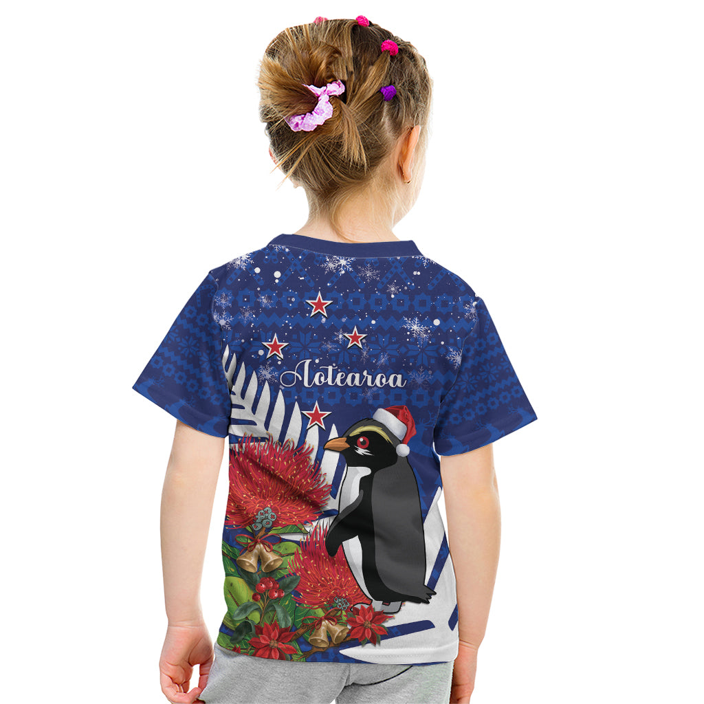 New Zealand Christmas In July Kid T Shirt Fiordland Penguin With Pohutukawa Flower