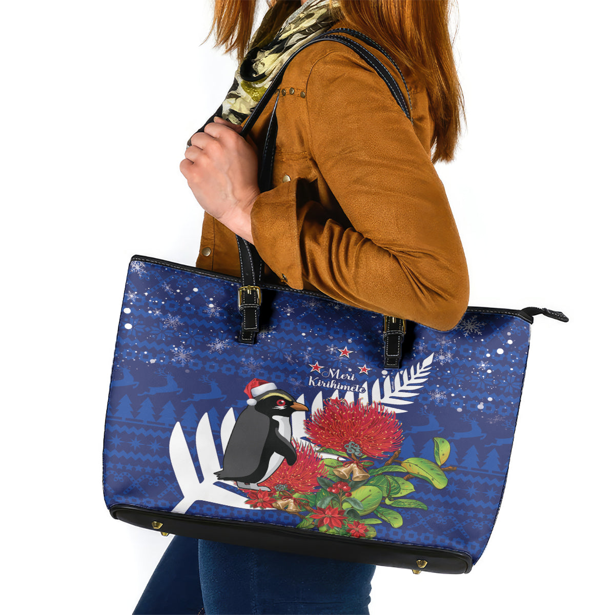New Zealand Christmas In July Leather Tote Bag Fiordland Penguin With Pohutukawa Flower LT14 Blue - Polynesian Pride