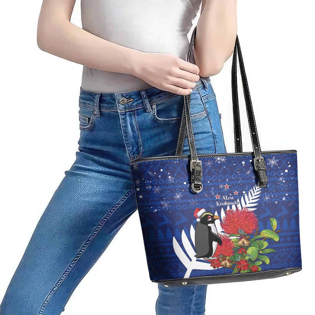 New Zealand Christmas In July Leather Tote Bag Fiordland Penguin With Pohutukawa Flower LT14 - Polynesian Pride
