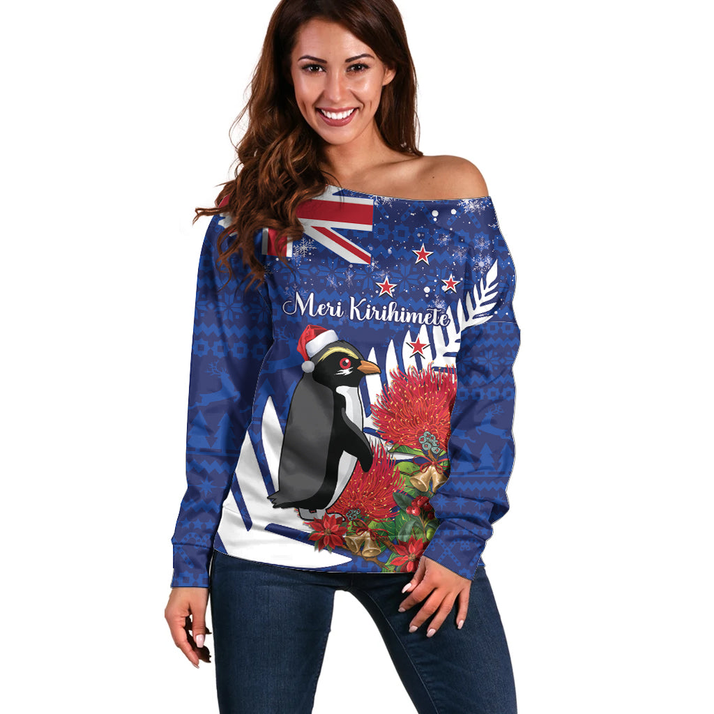 New Zealand Christmas In July Off Shoulder Sweater Fiordland Penguin With Pohutukawa Flower
