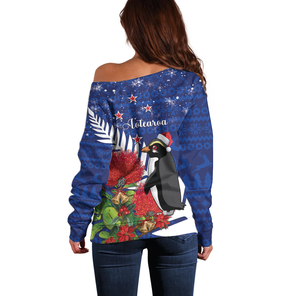 New Zealand Christmas In July Off Shoulder Sweater Fiordland Penguin With Pohutukawa Flower