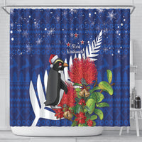 New Zealand Christmas In July Shower Curtain Fiordland Penguin With Pohutukawa Flower