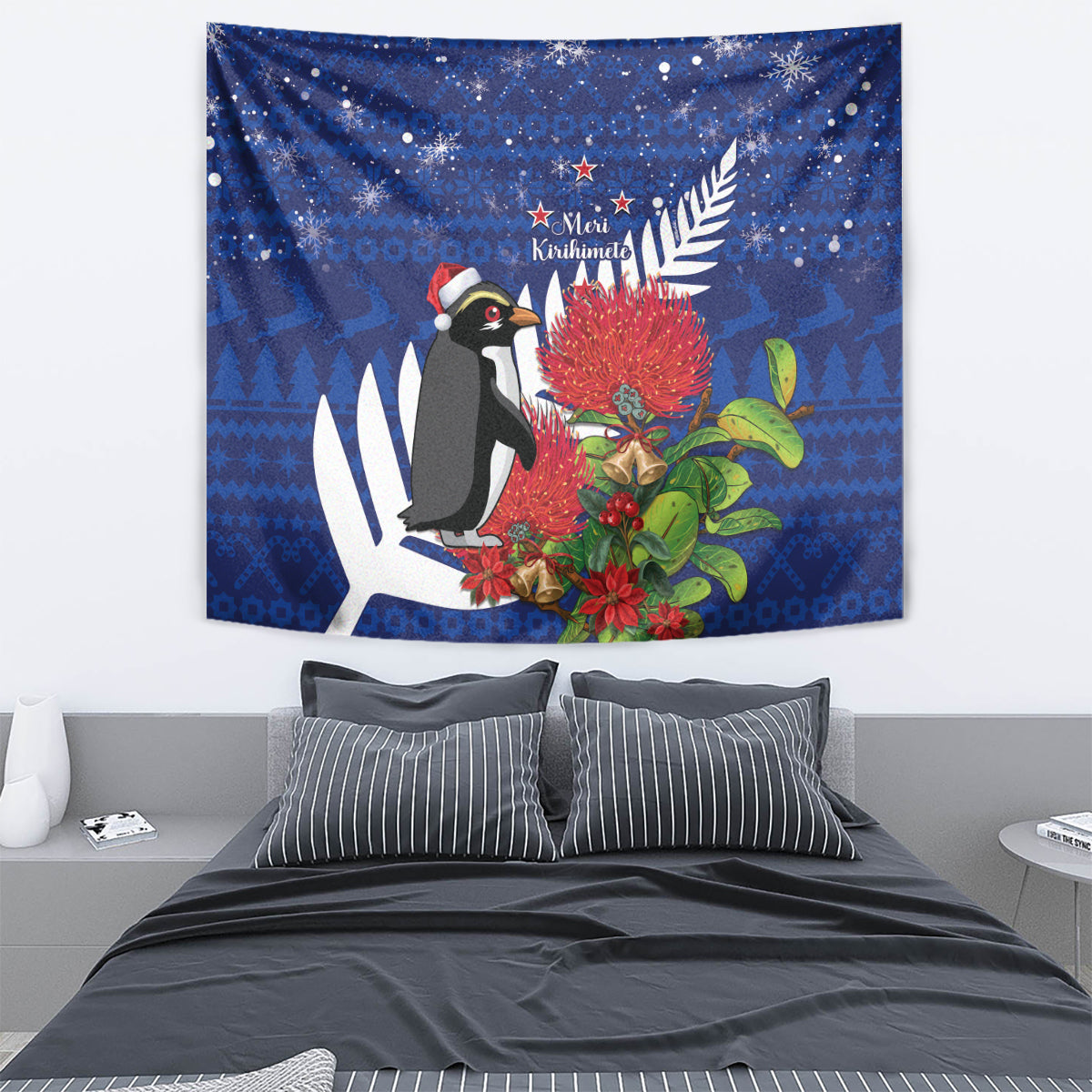New Zealand Christmas In July Tapestry Fiordland Penguin With Pohutukawa Flower