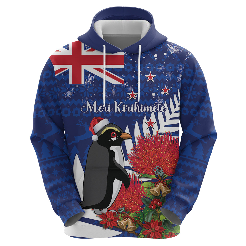 New Zealand Christmas In July Zip Hoodie Fiordland Penguin With Pohutukawa Flower