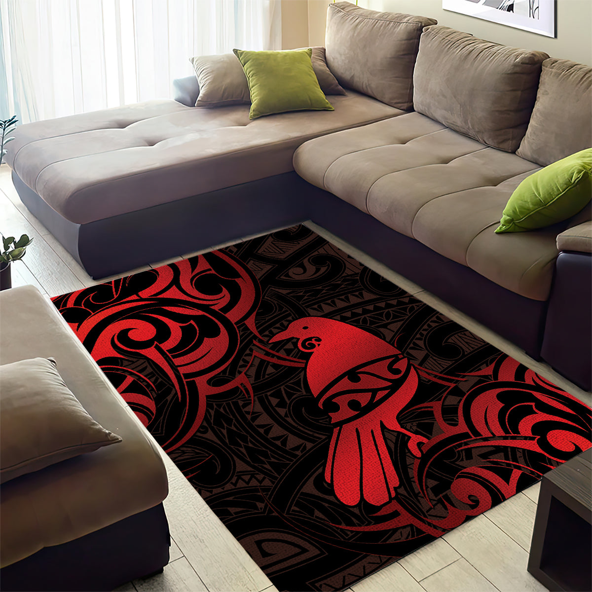 New Zealand Tui Bird Area Rug Aotearoa Maori Pattern - Red