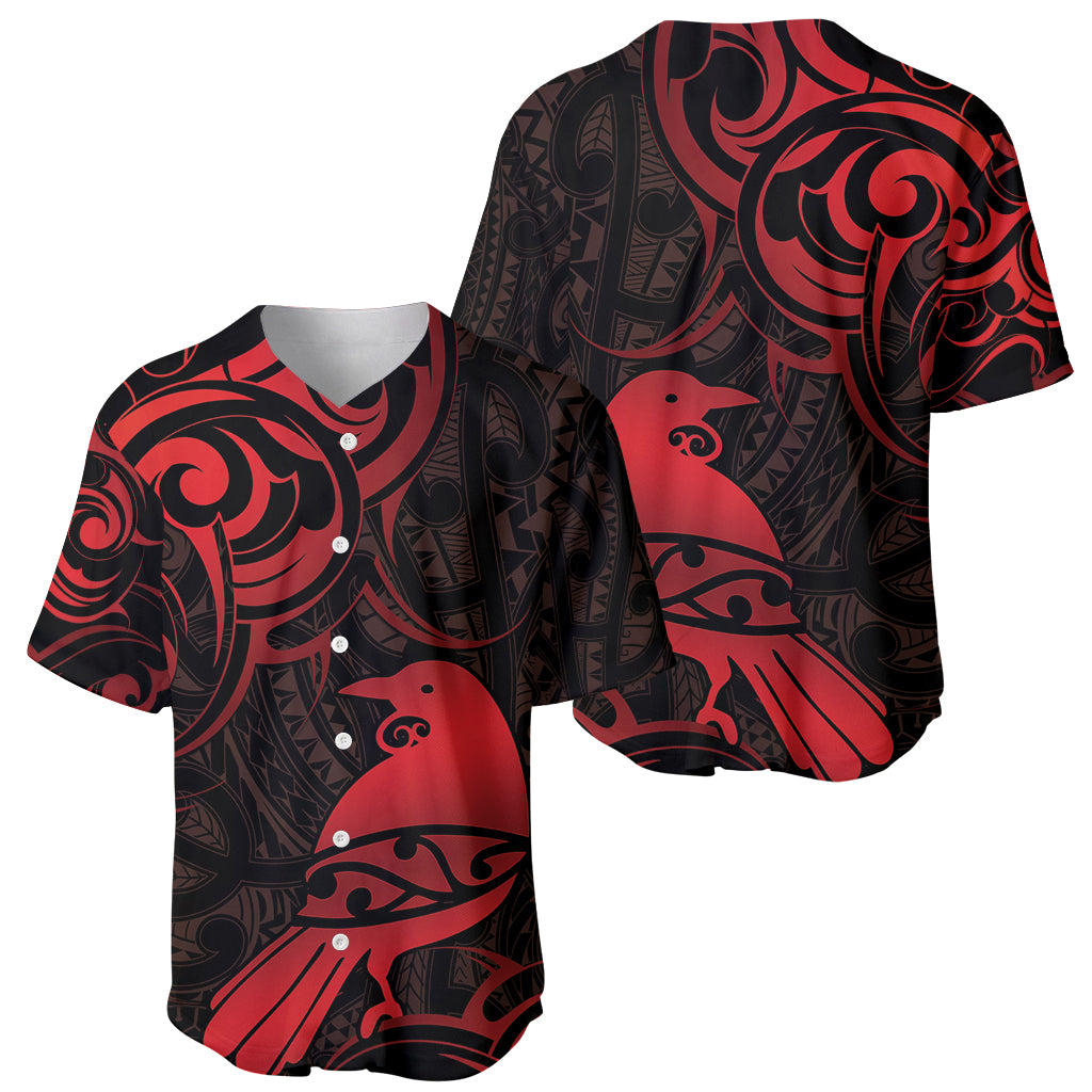 New Zealand Tui Bird Baseball Jersey Aotearoa Maori Pattern - Red LT14 - Polynesian Pride
