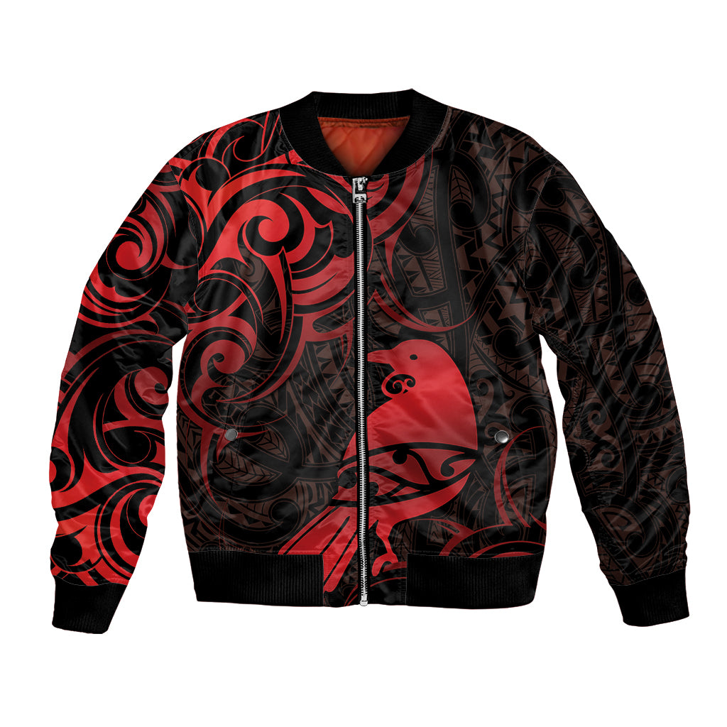New Zealand Tui Bird Bomber Jacket Aotearoa Maori Pattern - Red