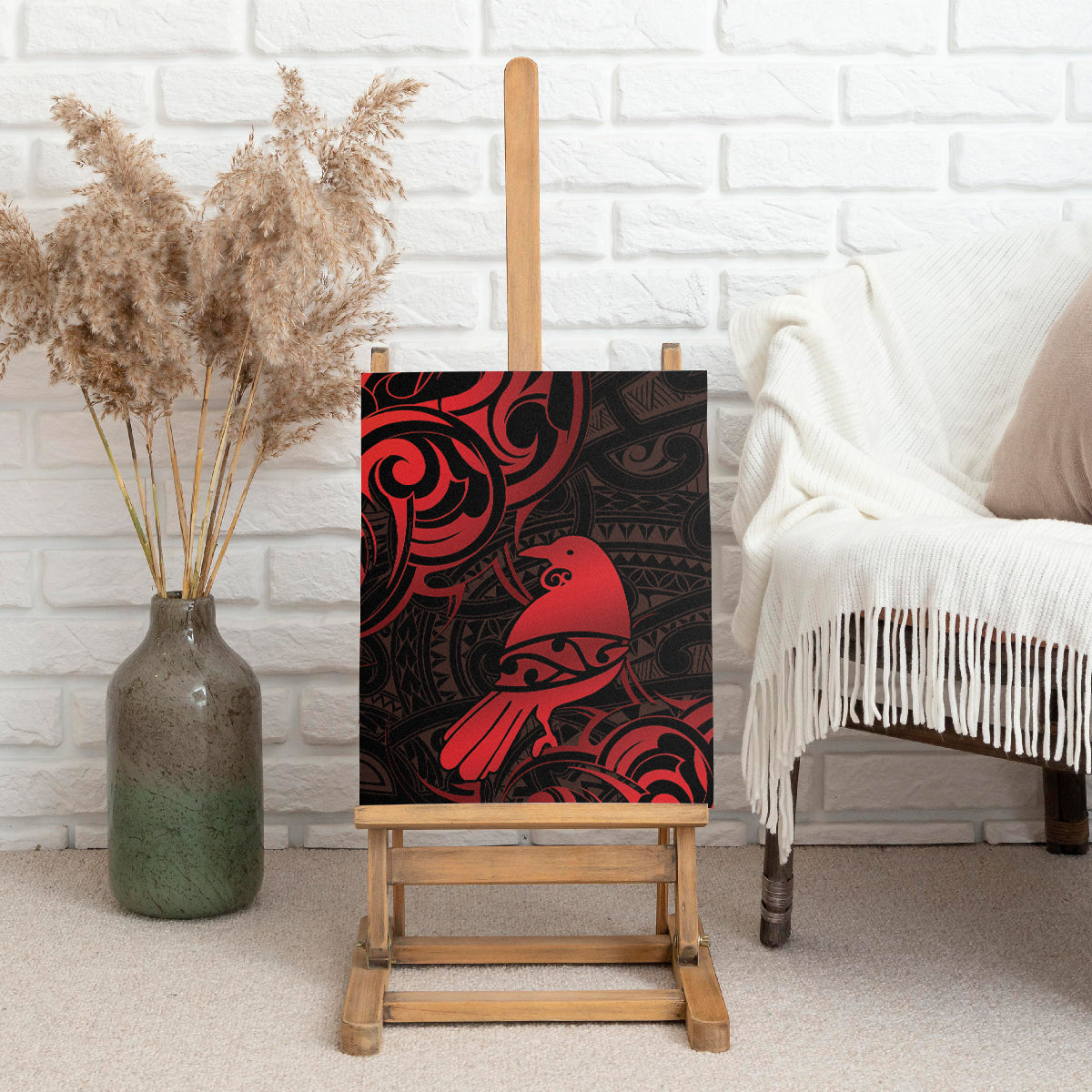 New Zealand Tui Bird Canvas Wall Art Aotearoa Maori Pattern - Red
