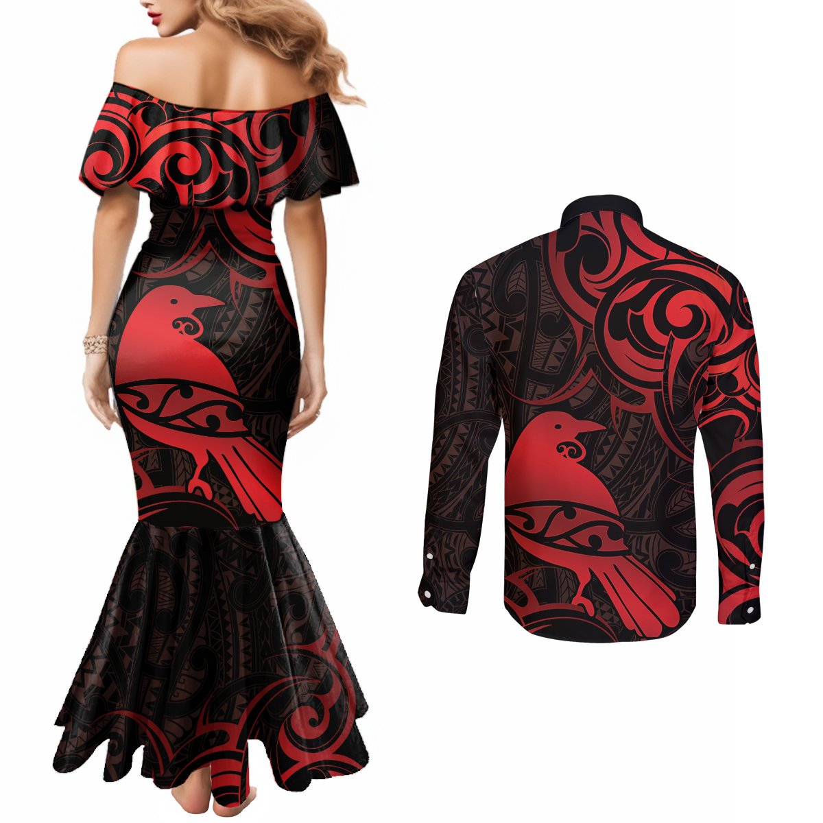 New Zealand Tui Bird Couples Matching Mermaid Dress and Long Sleeve Button Shirt Aotearoa Maori Pattern - Red LT14 - Polynesian Pride