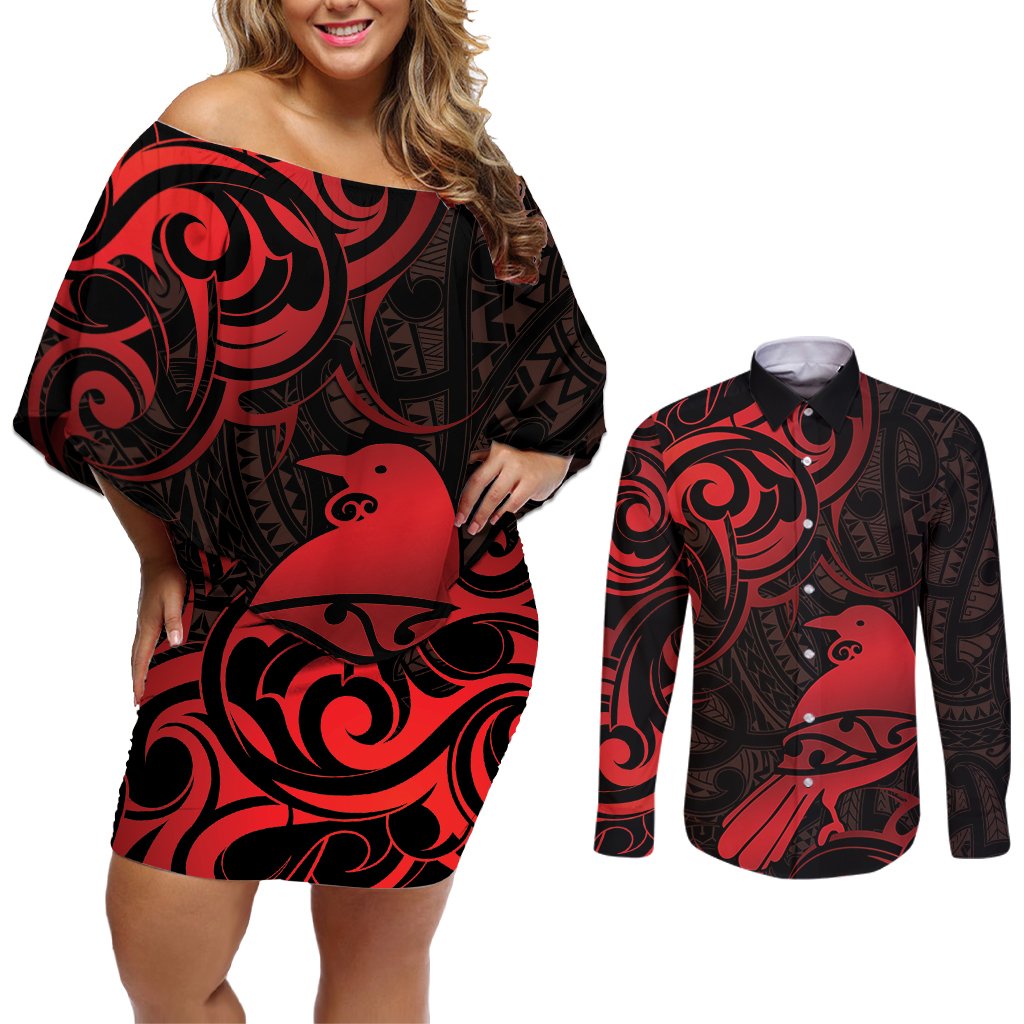 New Zealand Tui Bird Couples Matching Off Shoulder Short Dress and Long Sleeve Button Shirt Aotearoa Maori Pattern - Red LT14 Red - Polynesian Pride