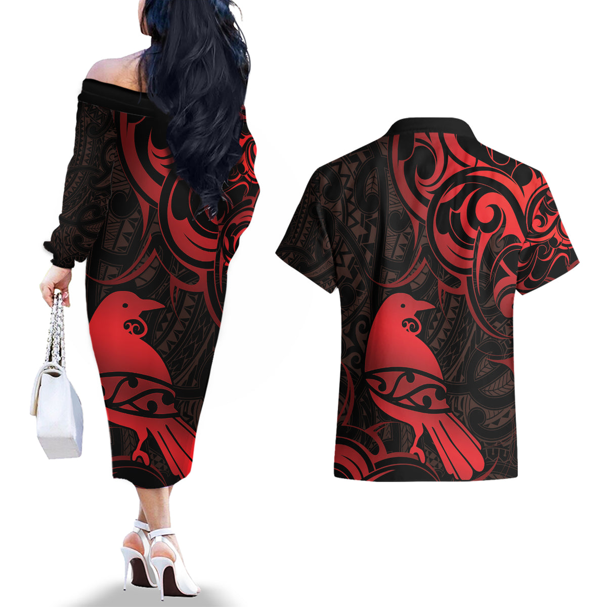 New Zealand Tui Bird Couples Matching Off The Shoulder Long Sleeve Dress and Hawaiian Shirt Aotearoa Maori Pattern - Red