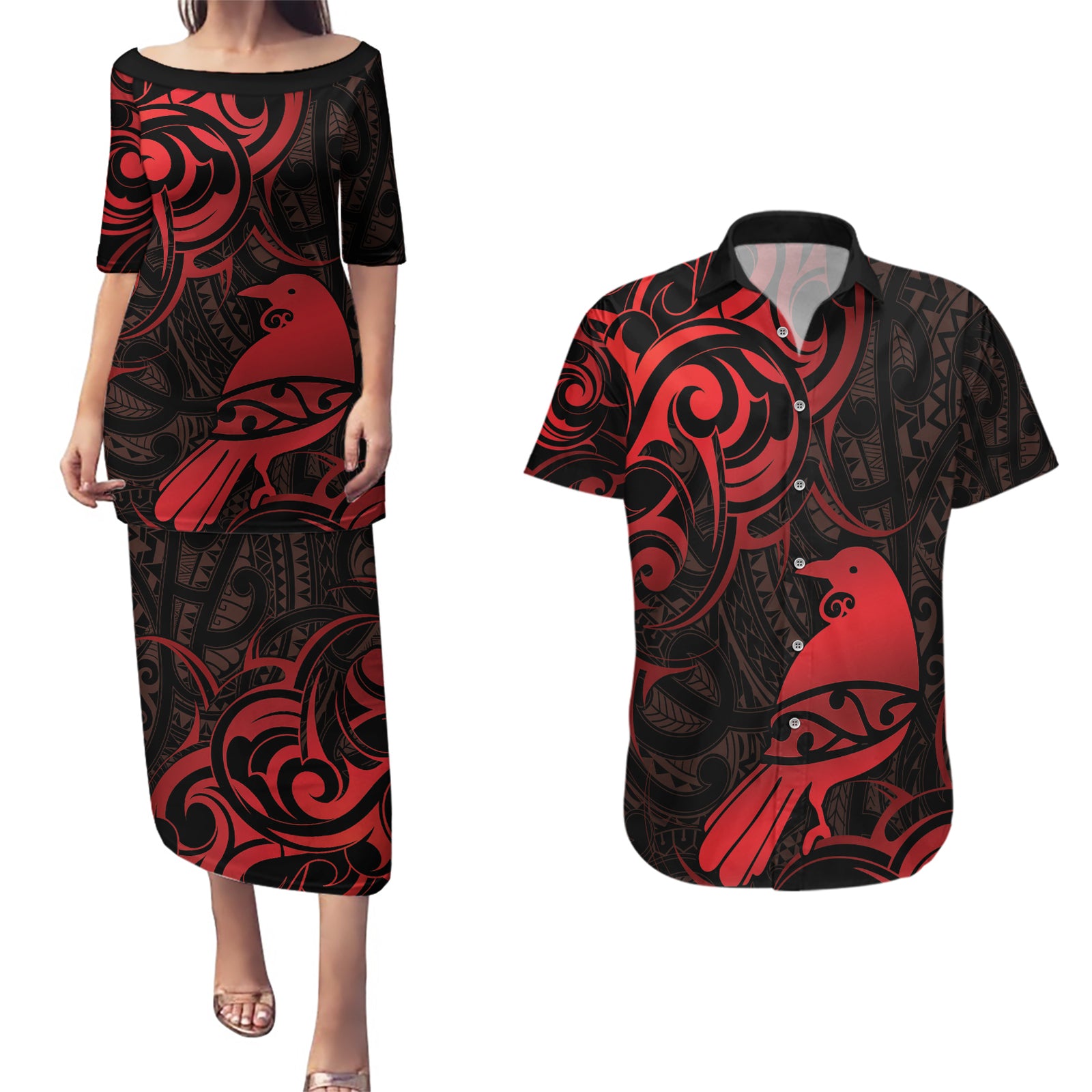 New Zealand Tui Bird Couples Matching Puletasi and Hawaiian Shirt Aotearoa Maori Pattern - Red