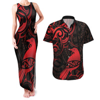 New Zealand Tui Bird Couples Matching Tank Maxi Dress and Hawaiian Shirt Aotearoa Maori Pattern - Red LT14 Red - Polynesian Pride