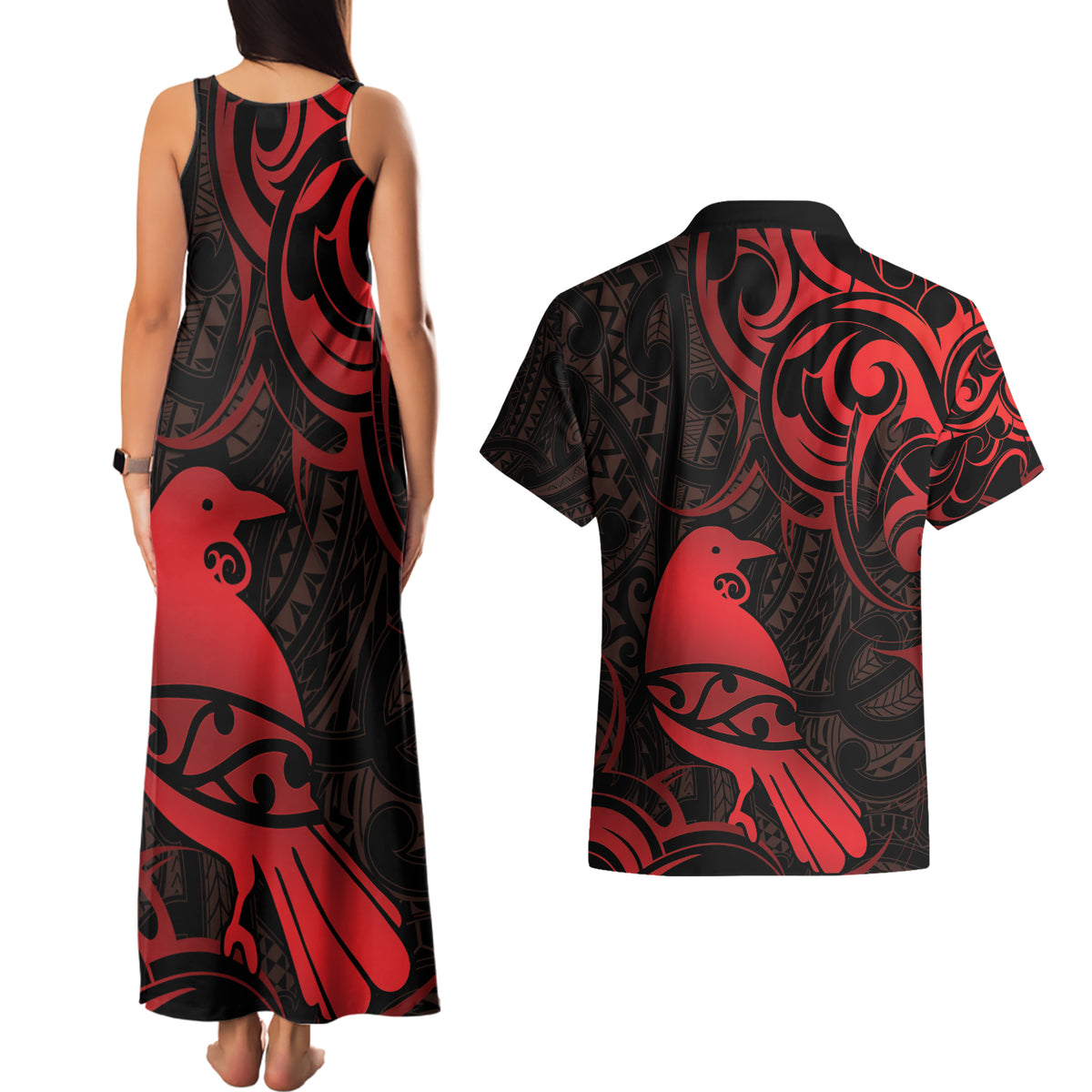 New Zealand Tui Bird Couples Matching Tank Maxi Dress and Hawaiian Shirt Aotearoa Maori Pattern - Red LT14 - Polynesian Pride