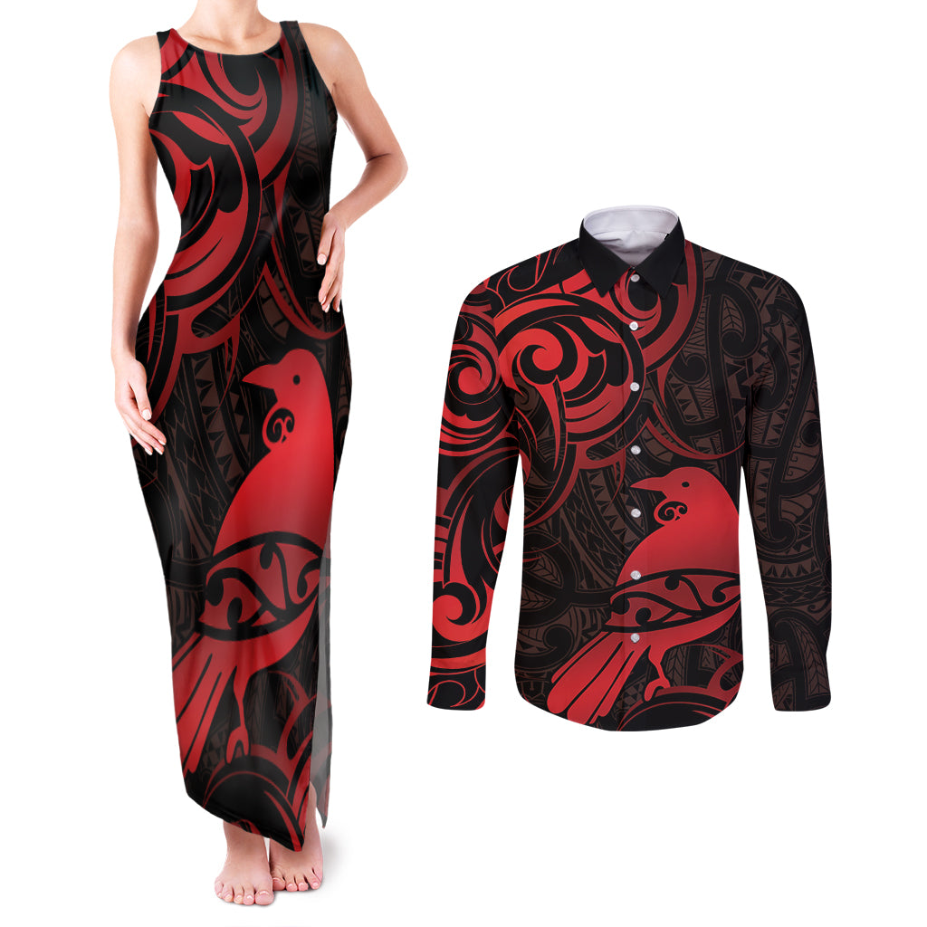 New Zealand Tui Bird Couples Matching Tank Maxi Dress and Long Sleeve Button Shirt Aotearoa Maori Pattern - Red LT14 Red - Polynesian Pride