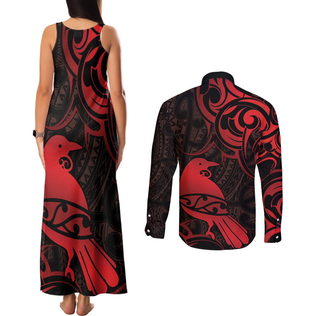 New Zealand Tui Bird Couples Matching Tank Maxi Dress and Long Sleeve Button Shirt Aotearoa Maori Pattern - Red LT14 - Polynesian Pride