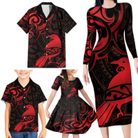 New Zealand Tui Bird Family Matching Long Sleeve Bodycon Dress and Hawaiian Shirt Aotearoa Maori Pattern - Red LT14 - Polynesian Pride