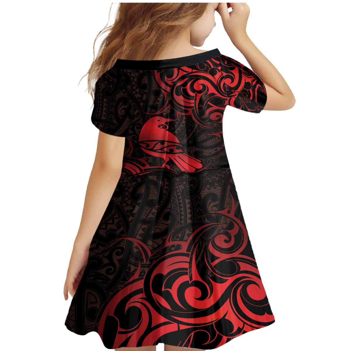 New Zealand Tui Bird Family Matching Mermaid Dress and Hawaiian Shirt Aotearoa Maori Pattern - Red LT14 - Polynesian Pride