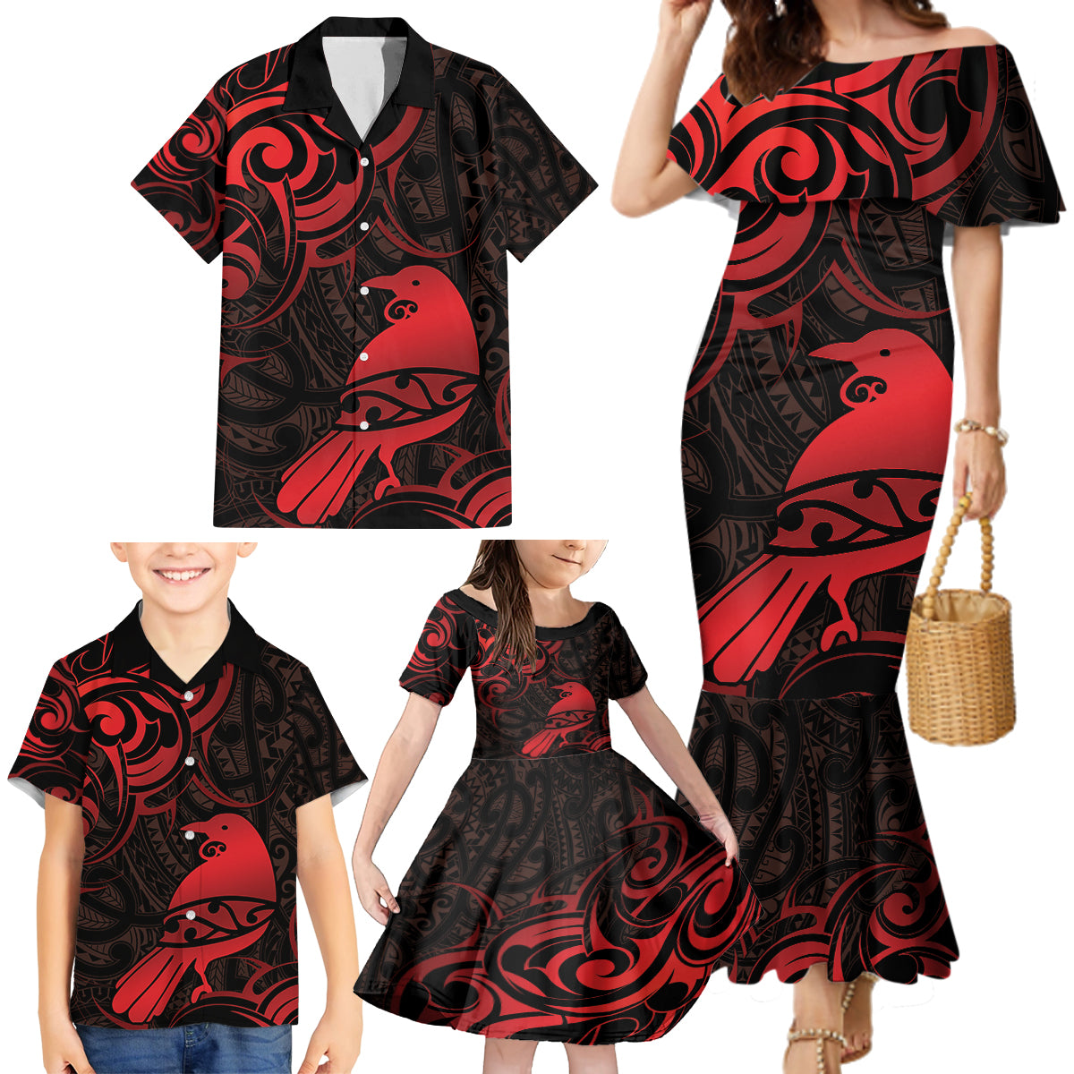 New Zealand Tui Bird Family Matching Mermaid Dress and Hawaiian Shirt Aotearoa Maori Pattern - Red LT14 - Polynesian Pride