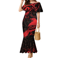 New Zealand Tui Bird Family Matching Mermaid Dress and Hawaiian Shirt Aotearoa Maori Pattern - Red LT14 Mom's Dress Red - Polynesian Pride