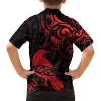 New Zealand Tui Bird Family Matching Off The Shoulder Long Sleeve Dress and Hawaiian Shirt Aotearoa Maori Pattern - Red