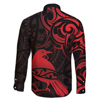 New Zealand Tui Bird Family Matching Off The Shoulder Long Sleeve Dress and Hawaiian Shirt Aotearoa Maori Pattern - Red