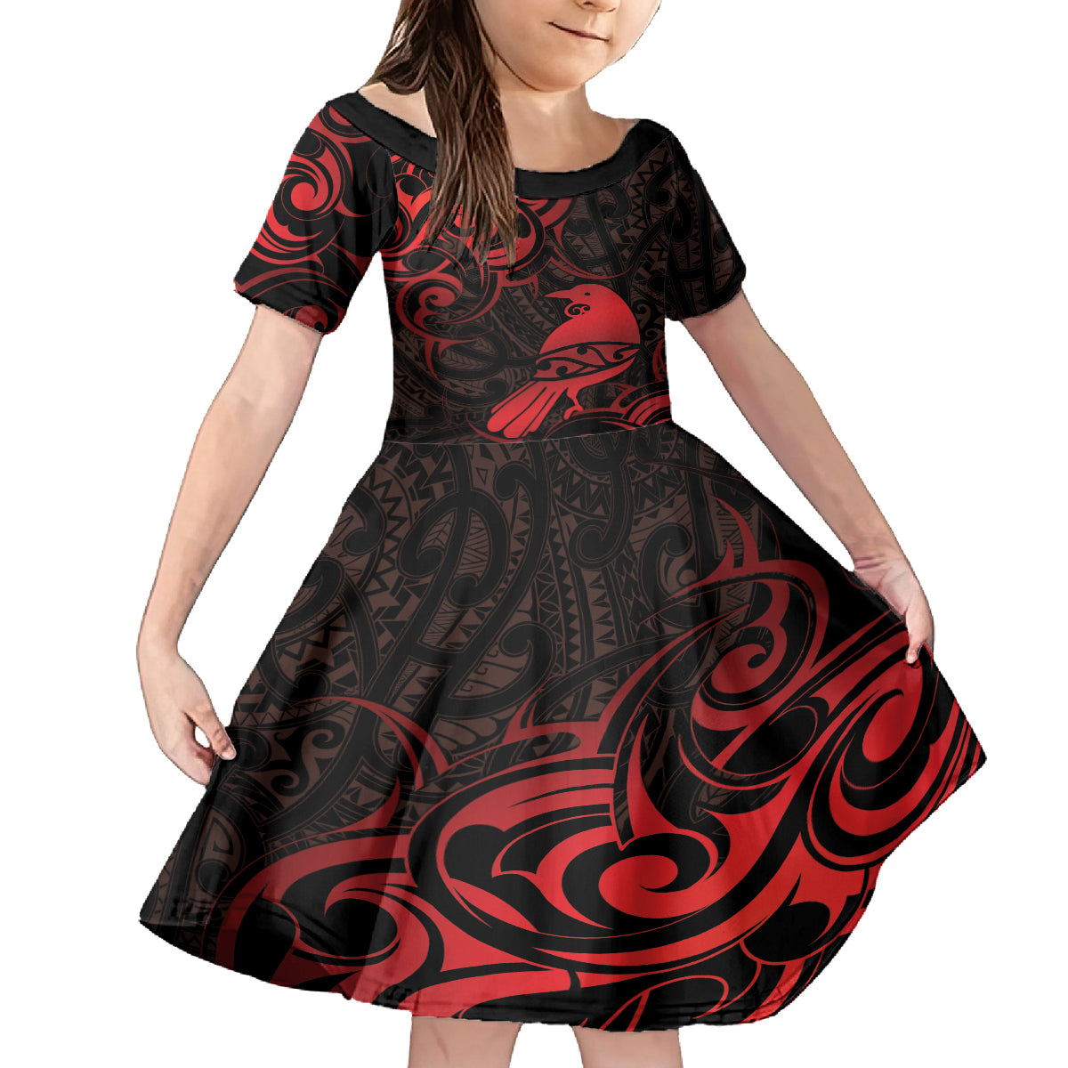 New Zealand Tui Bird Family Matching Off Shoulder Short Dress and Hawaiian Shirt Aotearoa Maori Pattern - Red LT14 Daughter's Dress Red - Polynesian Pride