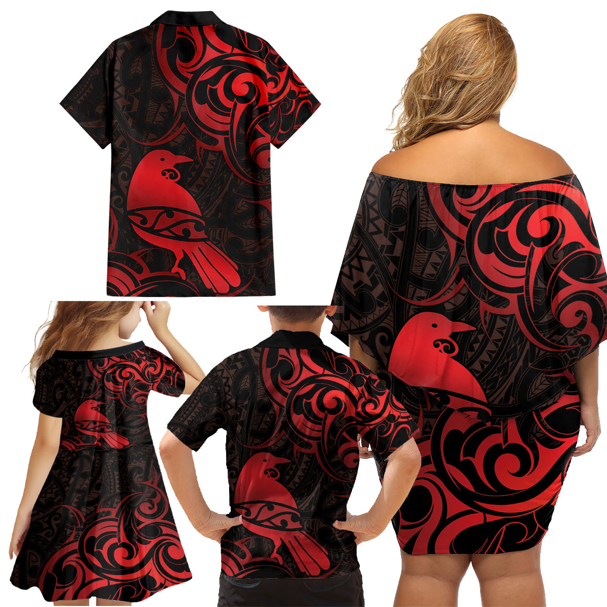 New Zealand Tui Bird Family Matching Off Shoulder Short Dress and Hawaiian Shirt Aotearoa Maori Pattern - Red LT14 - Polynesian Pride