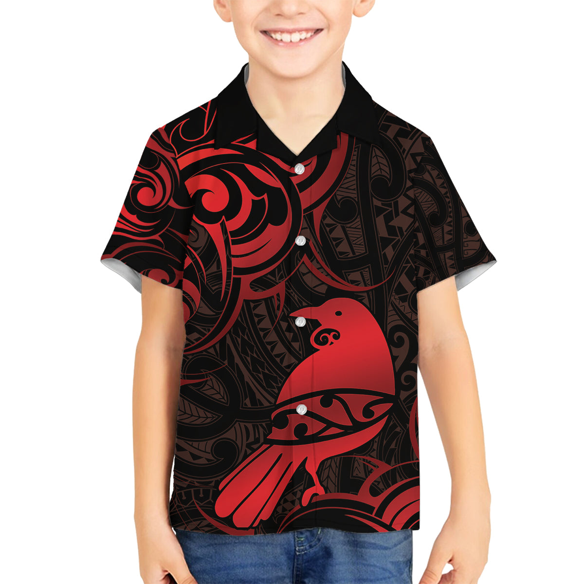New Zealand Tui Bird Family Matching Off Shoulder Short Dress and Hawaiian Shirt Aotearoa Maori Pattern - Red LT14 Son's Shirt Red - Polynesian Pride
