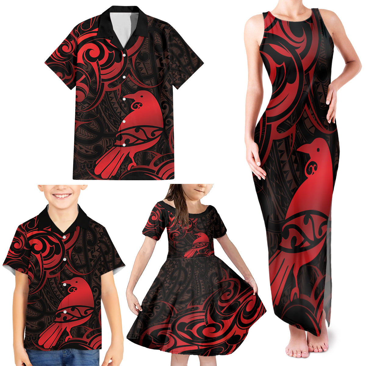 New Zealand Tui Bird Family Matching Tank Maxi Dress and Hawaiian Shirt Aotearoa Maori Pattern - Red LT14 - Polynesian Pride