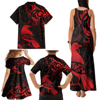 New Zealand Tui Bird Family Matching Tank Maxi Dress and Hawaiian Shirt Aotearoa Maori Pattern - Red LT14 - Polynesian Pride