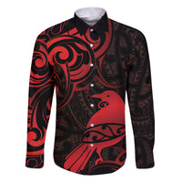 New Zealand Tui Bird Family Matching Tank Maxi Dress and Hawaiian Shirt Aotearoa Maori Pattern - Red LT14 Dad's Shirt - Long Sleeve Red - Polynesian Pride