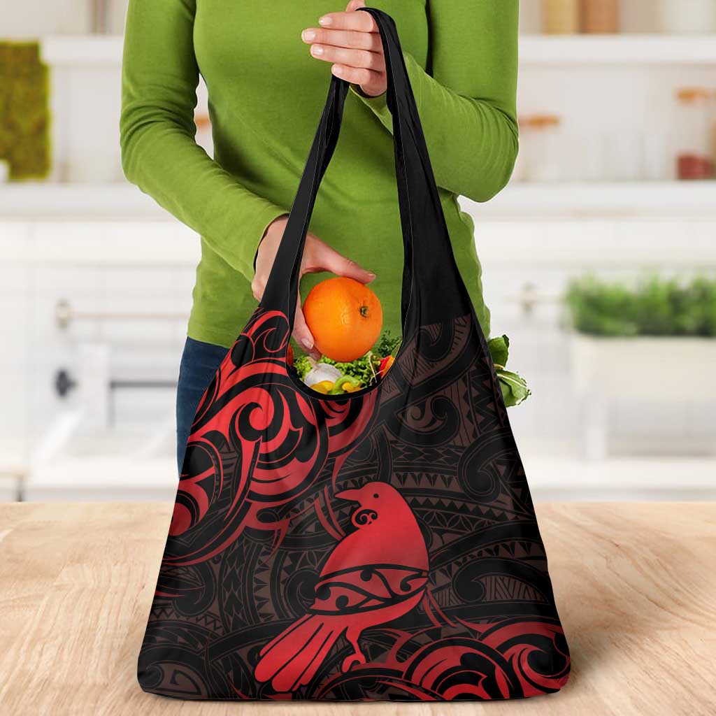 New Zealand Tui Bird Grocery Bag Aotearoa Maori Pattern - Red