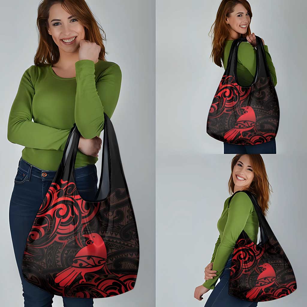 New Zealand Tui Bird Grocery Bag Aotearoa Maori Pattern - Red