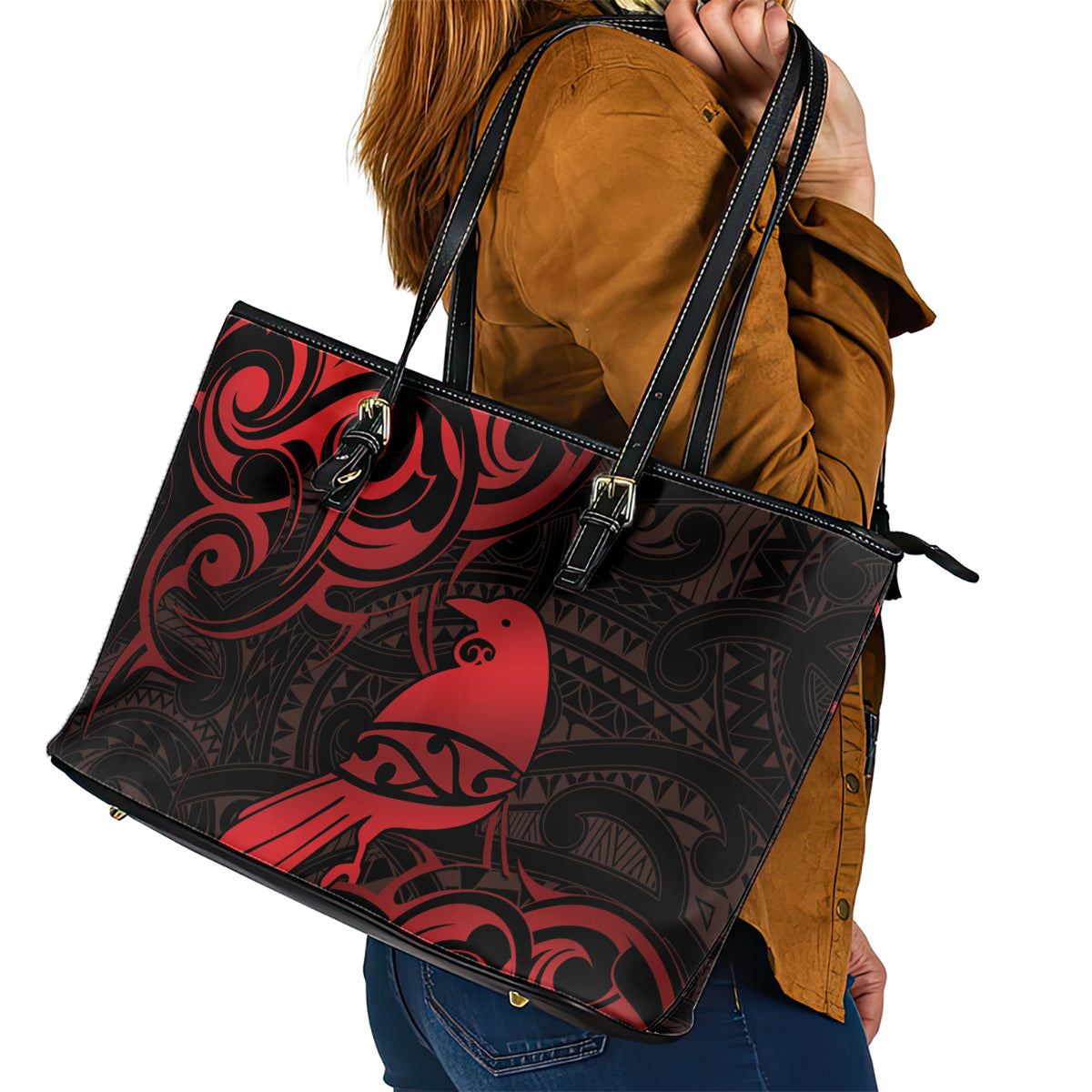 New Zealand Tui Bird Leather Tote Bag Aotearoa Maori Pattern - Red