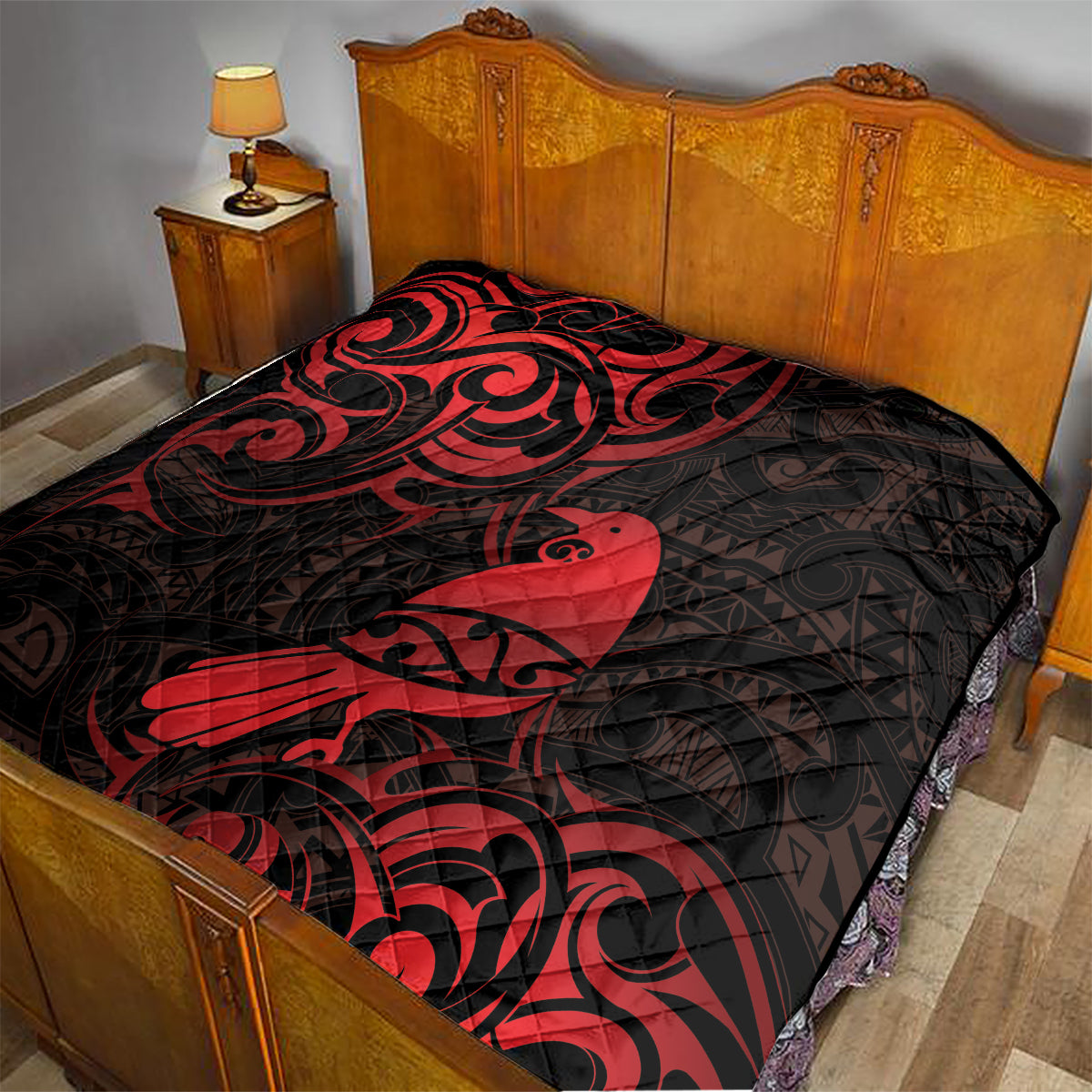 New Zealand Tui Bird Quilt Aotearoa Maori Pattern - Red LT14 - Polynesian Pride