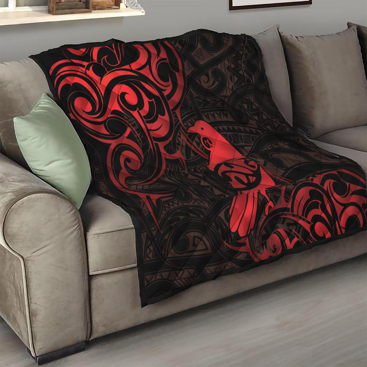 New Zealand Tui Bird Quilt Aotearoa Maori Pattern - Red LT14 - Polynesian Pride