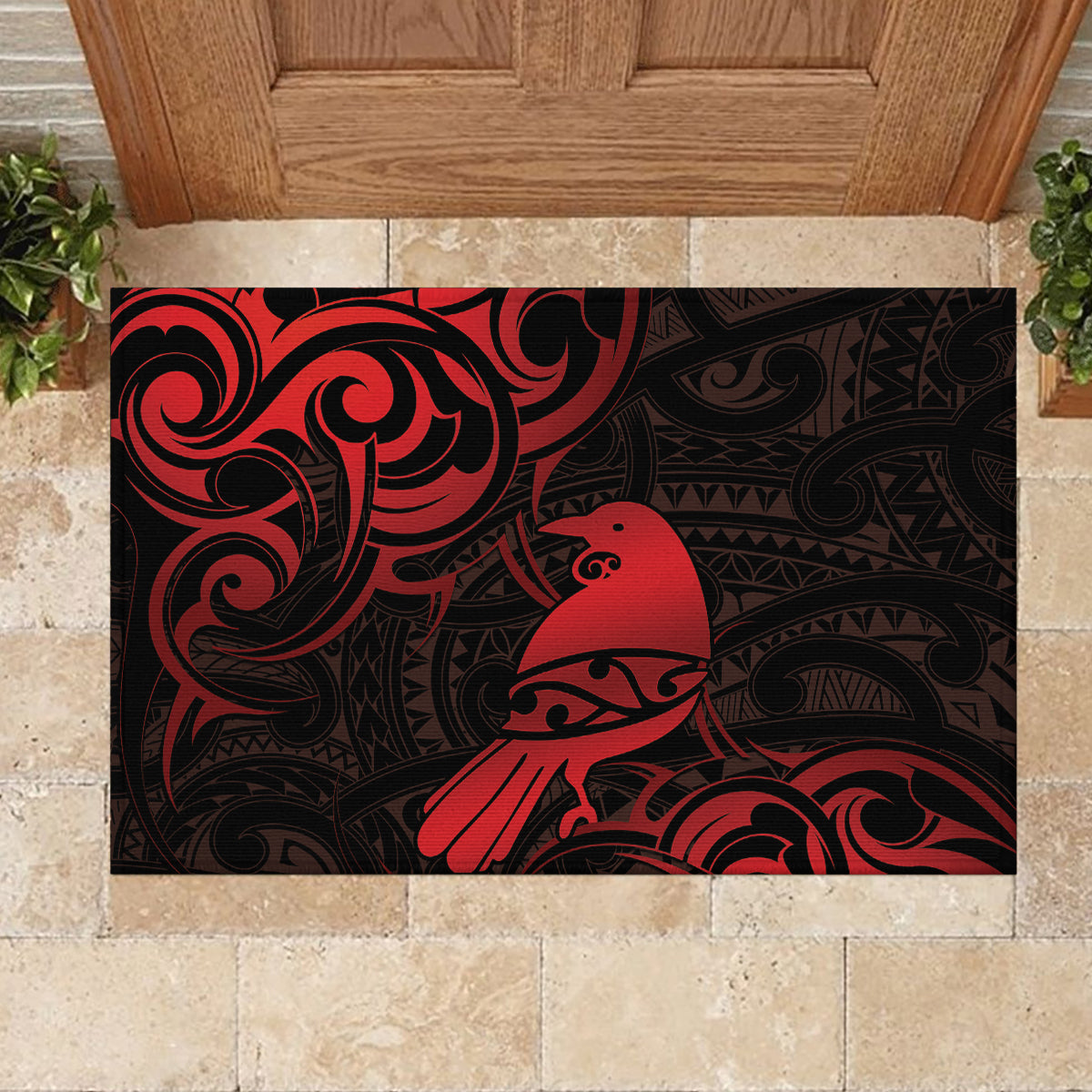 New Zealand Tui Bird Rubber Doormat Aotearoa Maori Pattern - Red