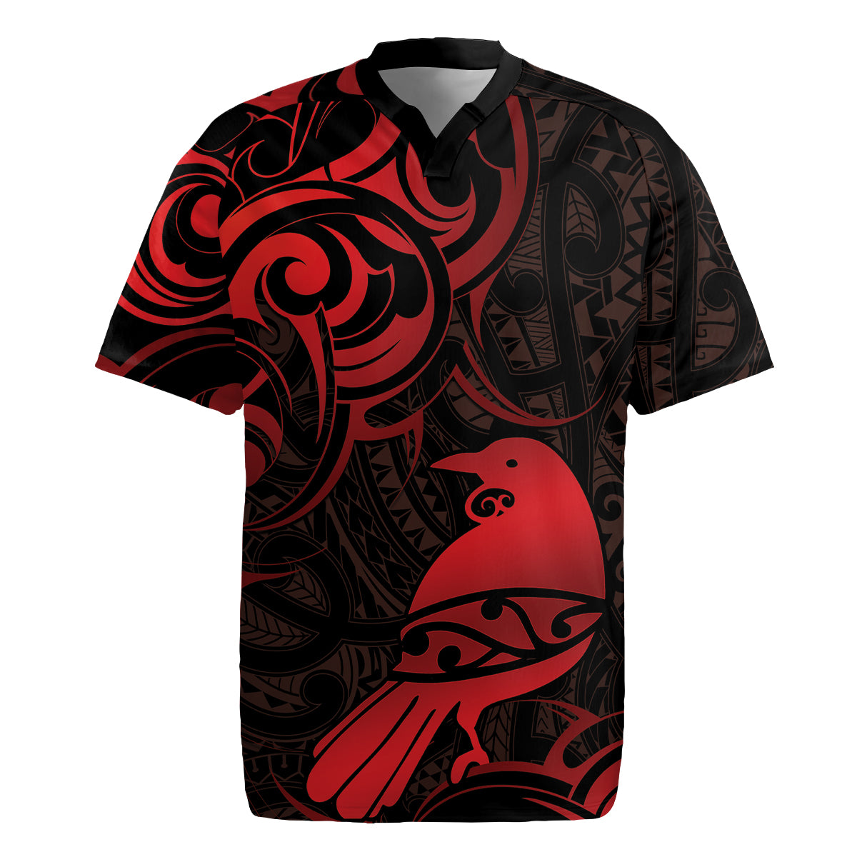 New Zealand Tui Bird Rugby Jersey Aotearoa Maori Pattern - Red
