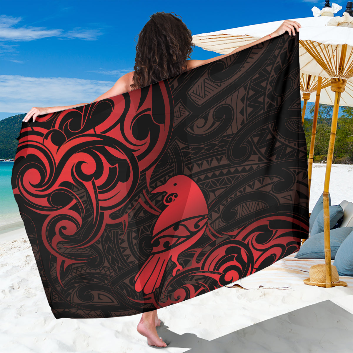 New Zealand Tui Bird Sarong Aotearoa Maori Pattern - Red