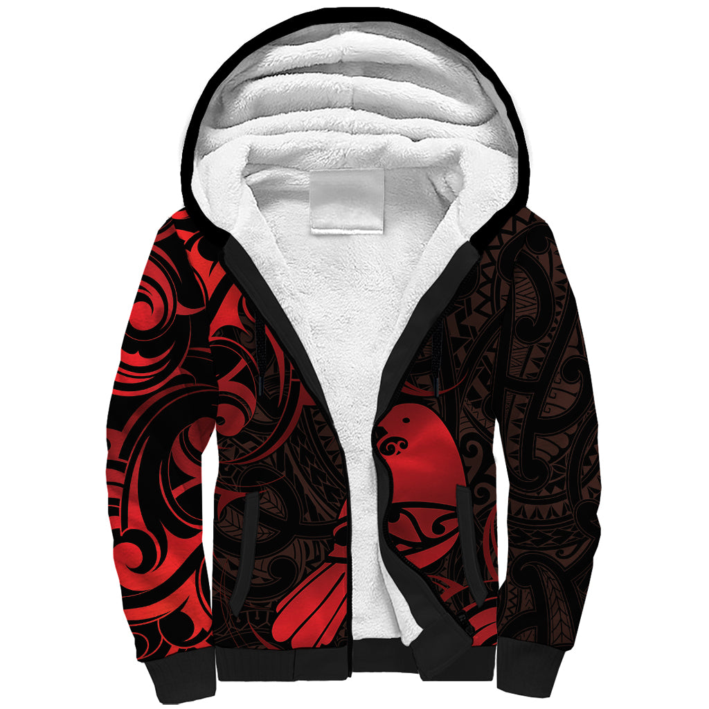 New Zealand Tui Bird Sherpa Hoodie Aotearoa Maori Pattern - Red