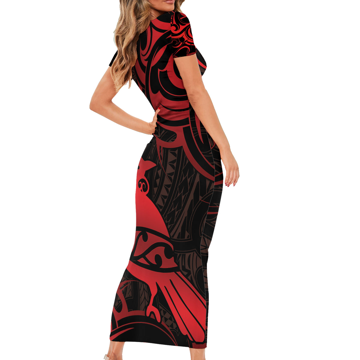 New Zealand Tui Bird Short Sleeve Bodycon Dress Aotearoa Maori Pattern - Red
