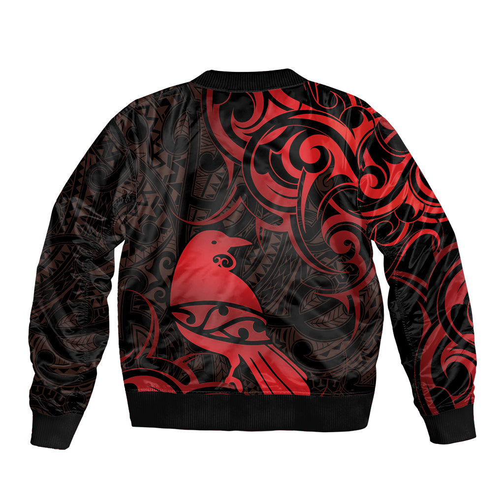 New Zealand Tui Bird Sleeve Zip Bomber Jacket Aotearoa Maori Pattern - Red