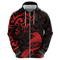 New Zealand Tui Bird Zip Hoodie Aotearoa Maori Pattern - Red
