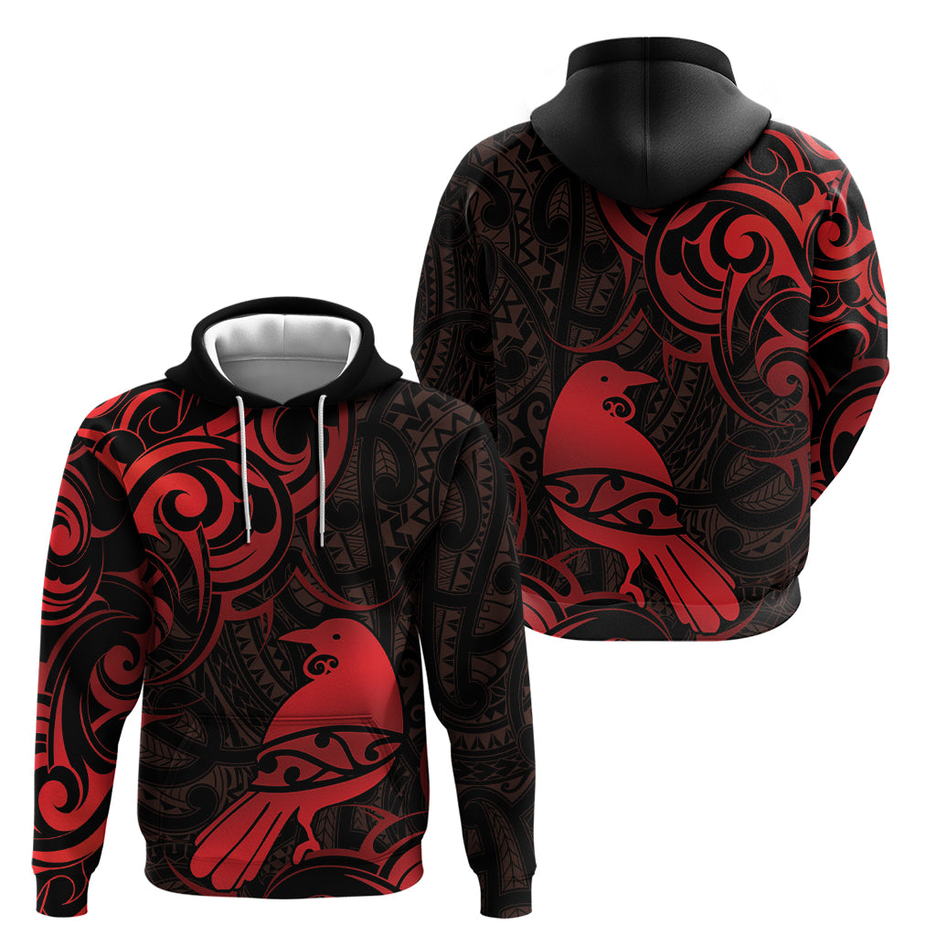 New Zealand Tui Bird Zip Hoodie Aotearoa Maori Pattern - Red