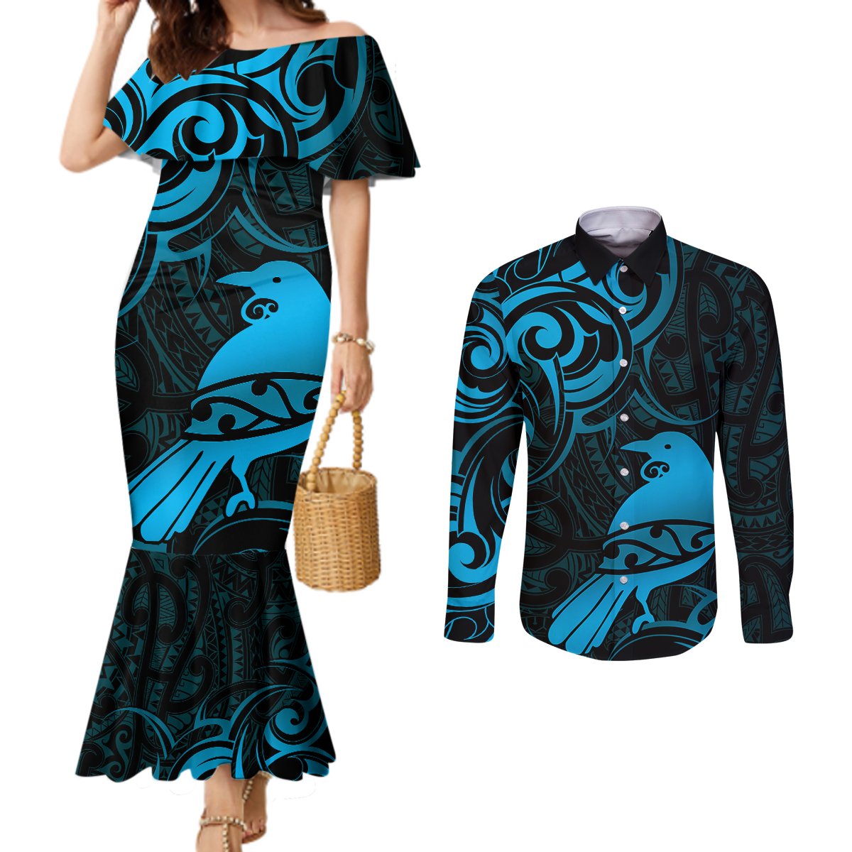 New Zealand Tui Bird Couples Matching Mermaid Dress and Long Sleeve Button Shirt Aotearoa Maori Pattern - Blue LT14 Blue - Polynesian Pride